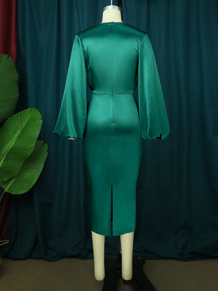 Pleated Green Satin Dresses Long Lantern Sleeve
