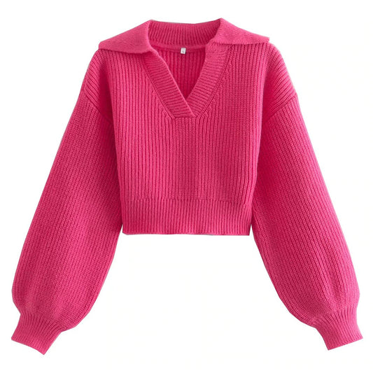 Cropped Knit Sweater Vintage Lapel Collar Long Sleeve
