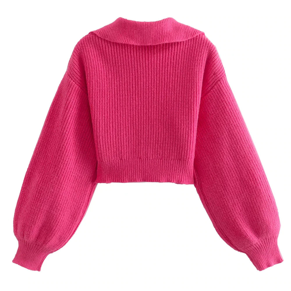 Cropped Knit Sweater Vintage Lapel Collar Long Sleeve