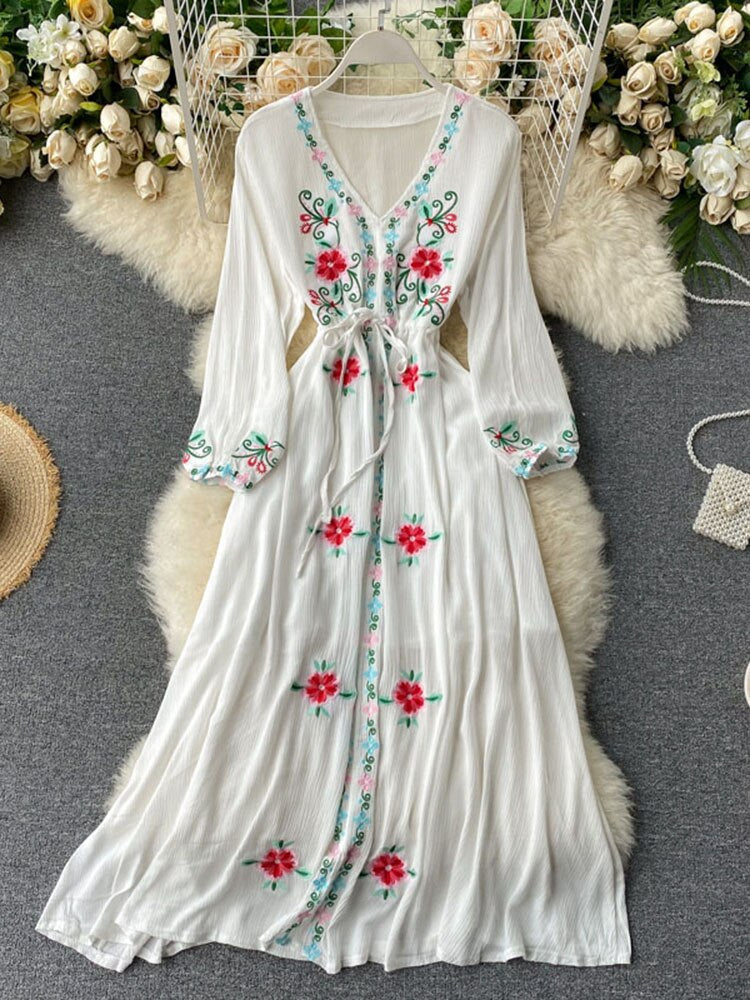 Embroidered V-neck Long Dress