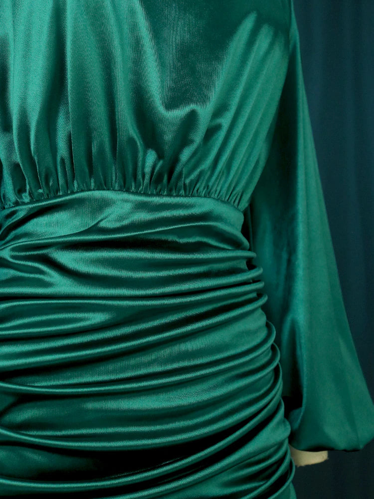 Pleated Green Satin Dresses Long Lantern Sleeve