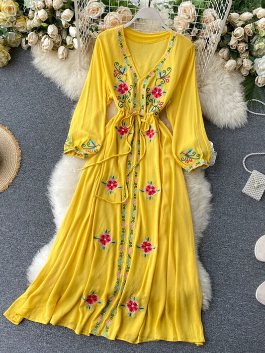 Embroidered V-neck Long Dress