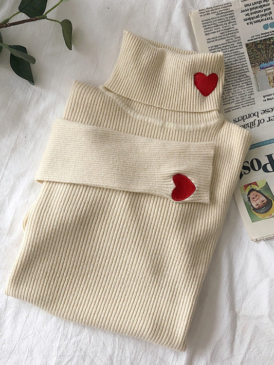 Ribbed Heart Embroidery Turtleneck