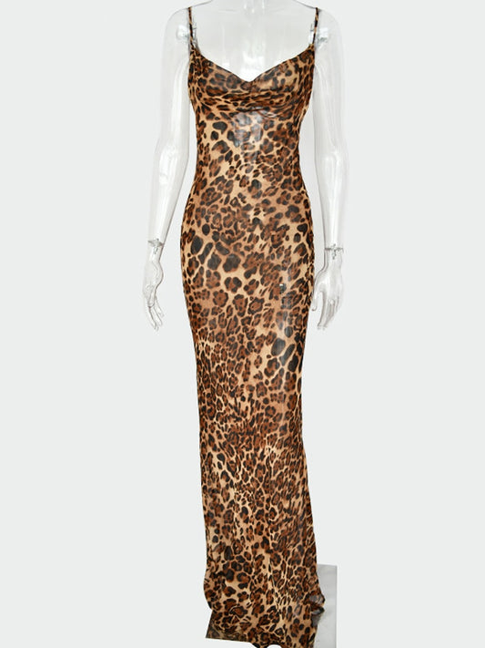 Leopard Print V-Neck Sexy Bodycon Long Dress