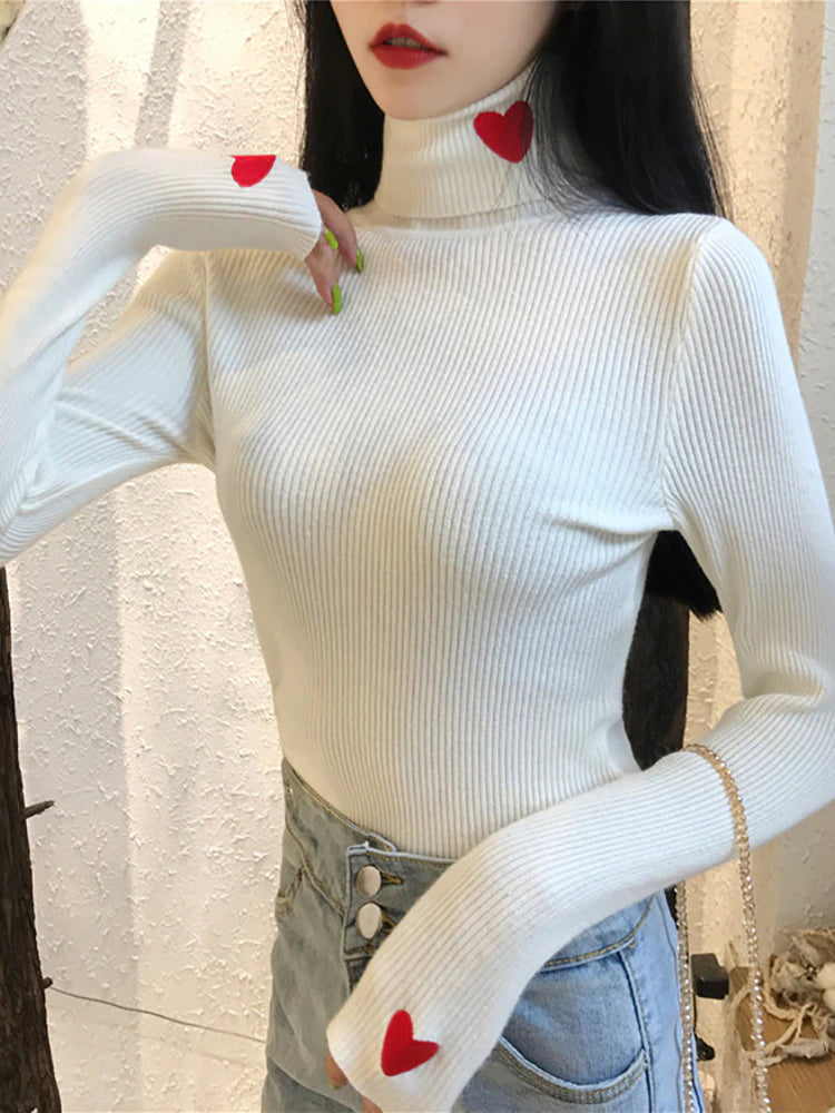 Ribbed Heart Embroidery Turtleneck