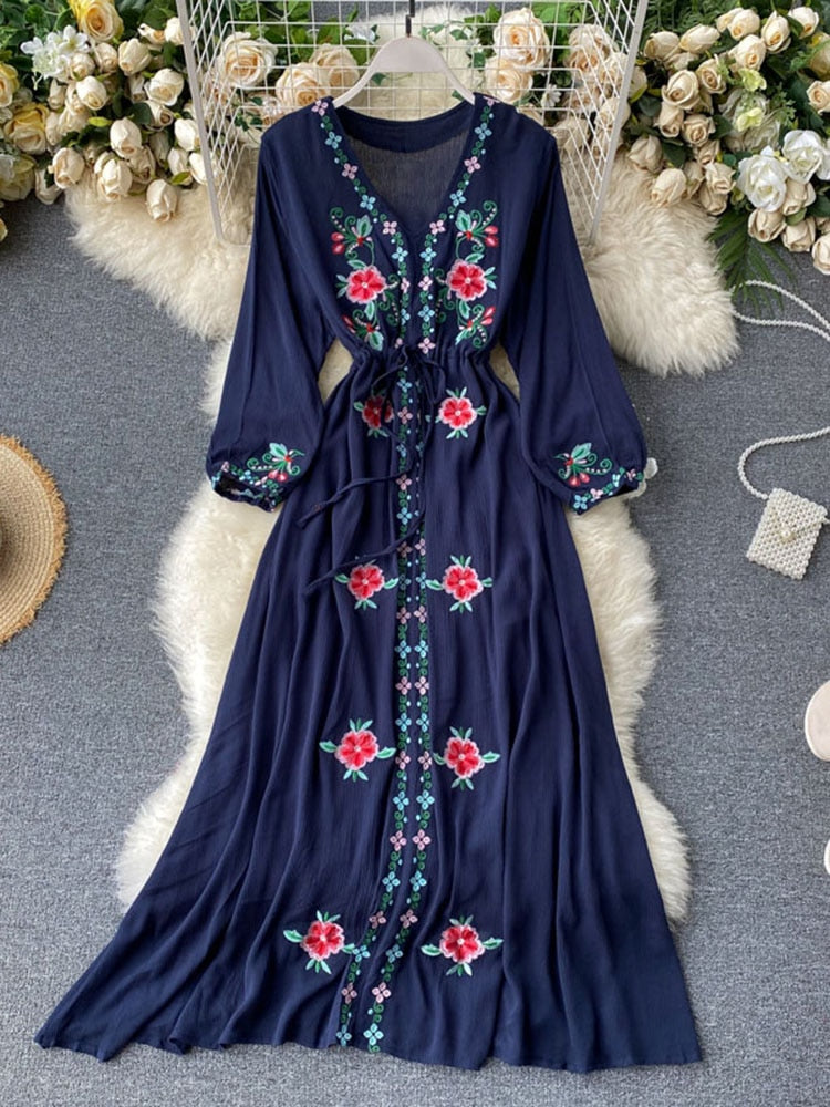 Embroidered V-neck Long Dress