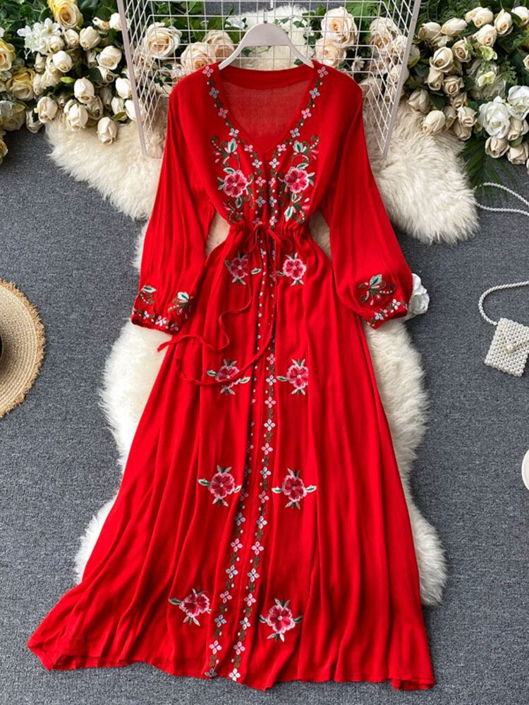 Embroidered V-neck Long Dress