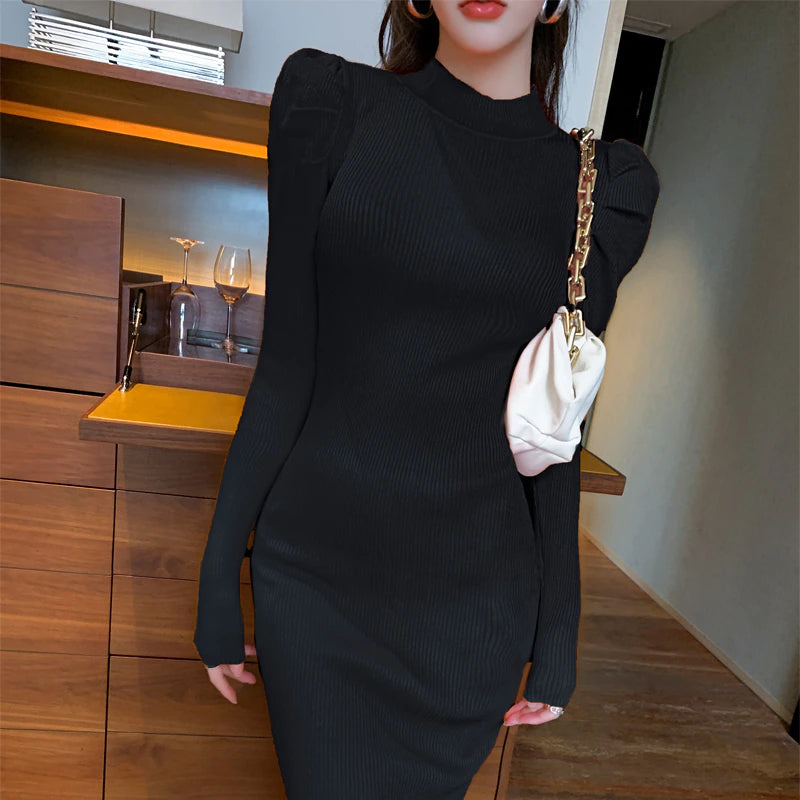 Puff Sleeve Sweater Knit Dress