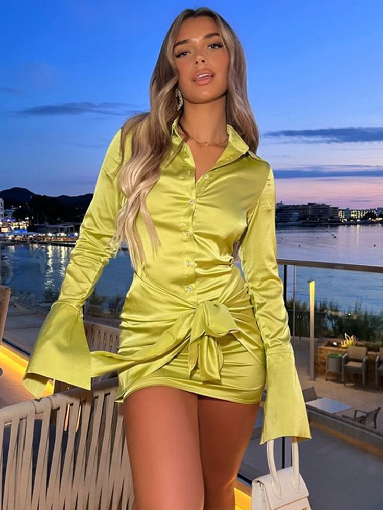 Long Sleeve Bandage Satin Mini Dresses Women's