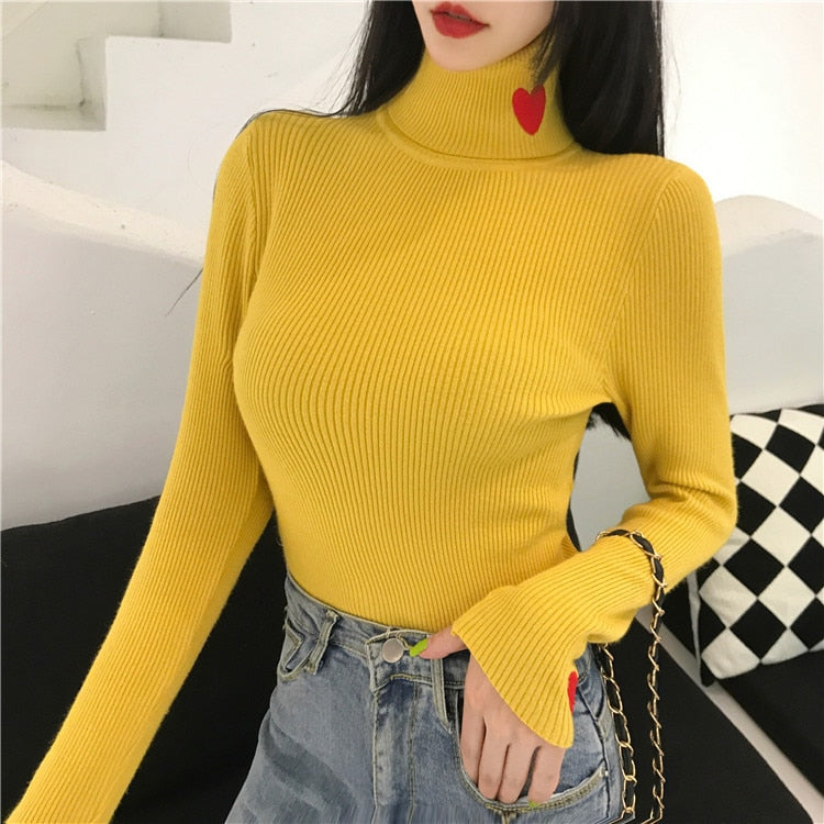 Ribbed Heart Embroidery Turtleneck