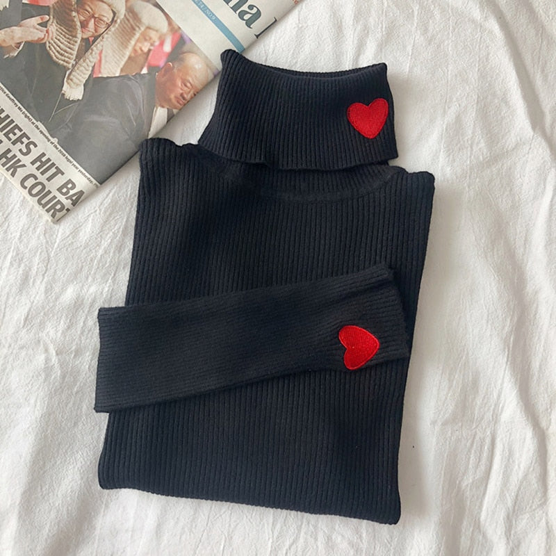 Ribbed Heart Embroidery Turtleneck