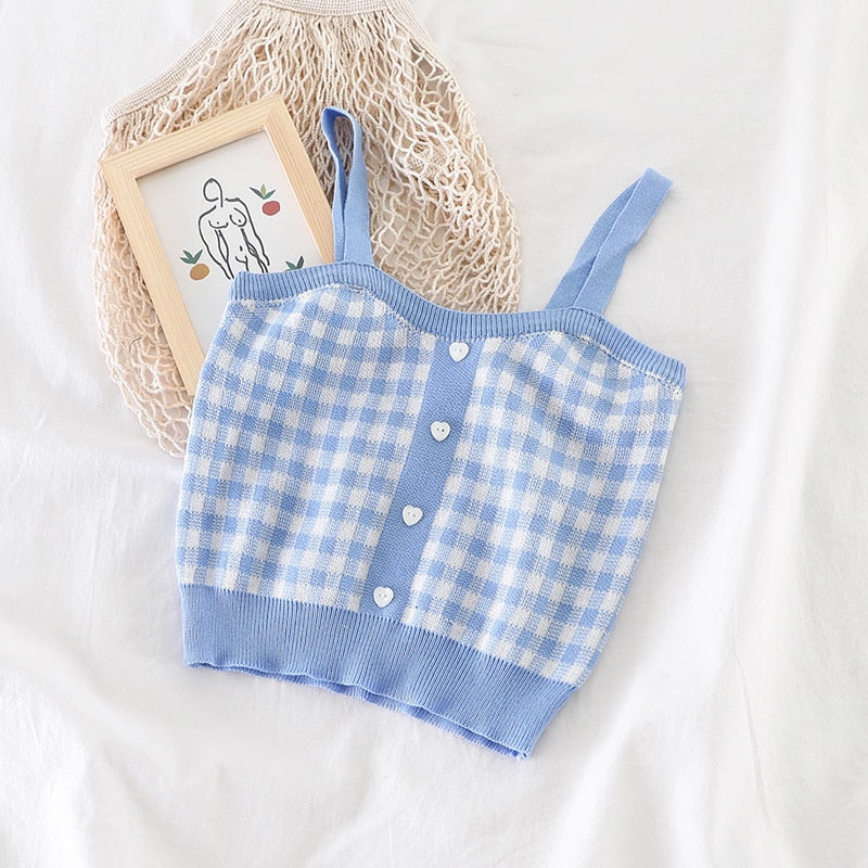 Plaid Crop Tops Buttons Camis Knitting