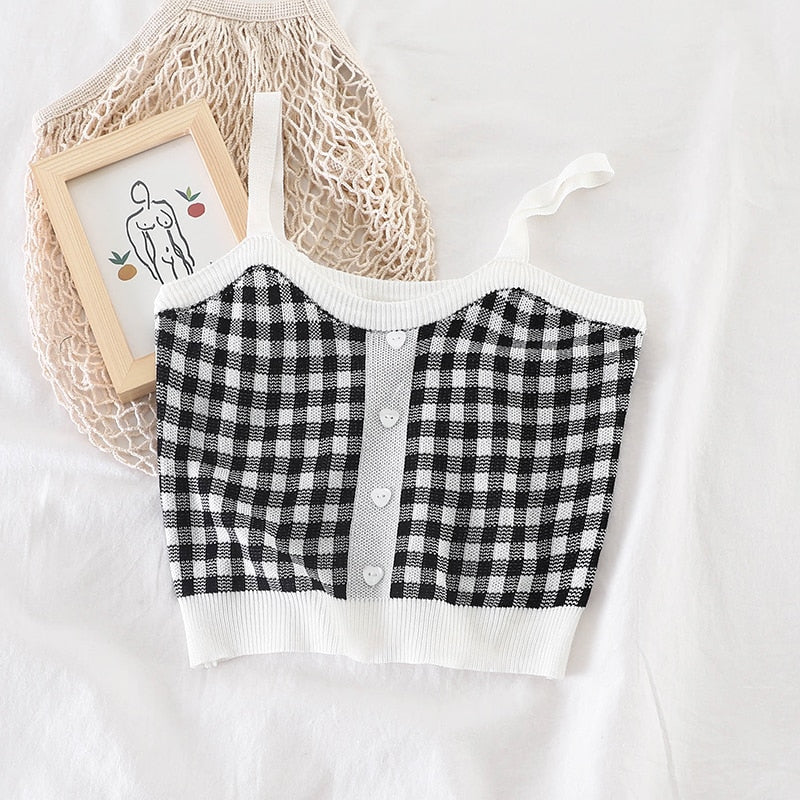 Plaid Crop Tops Buttons Camis Knitting