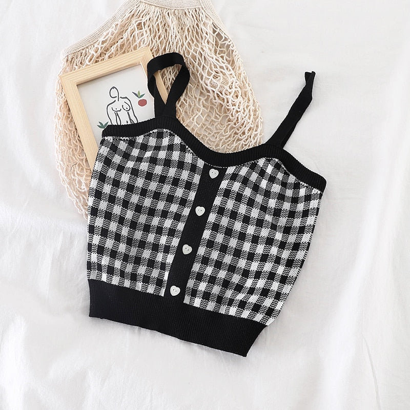 Plaid Crop Tops Buttons Camis Knitting