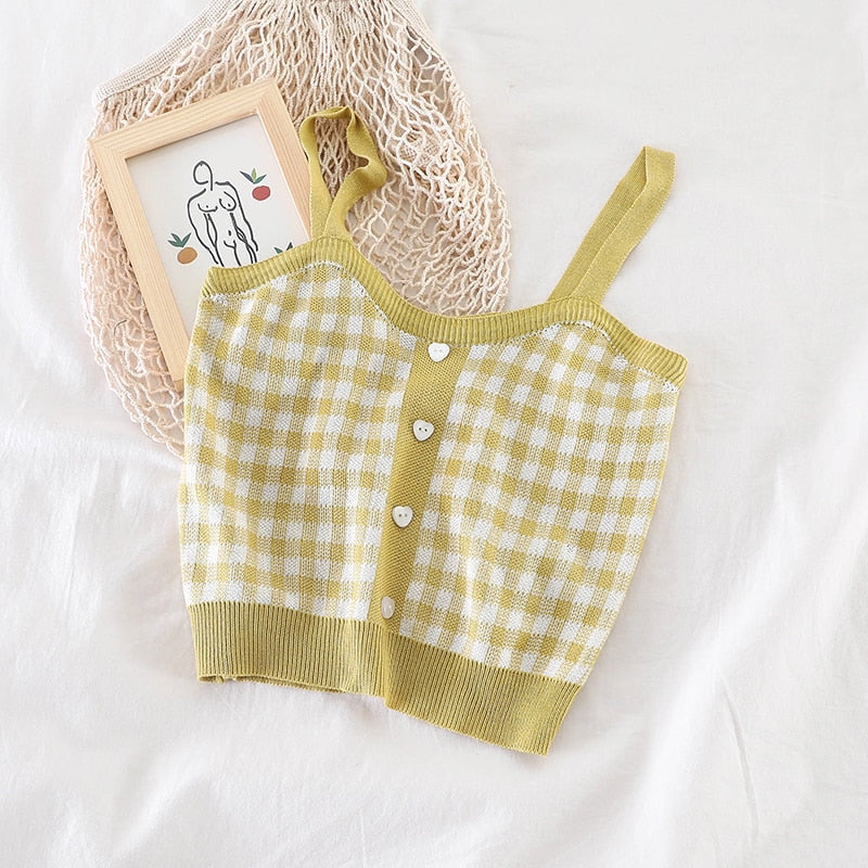 Plaid Crop Tops Buttons Camis Knitting