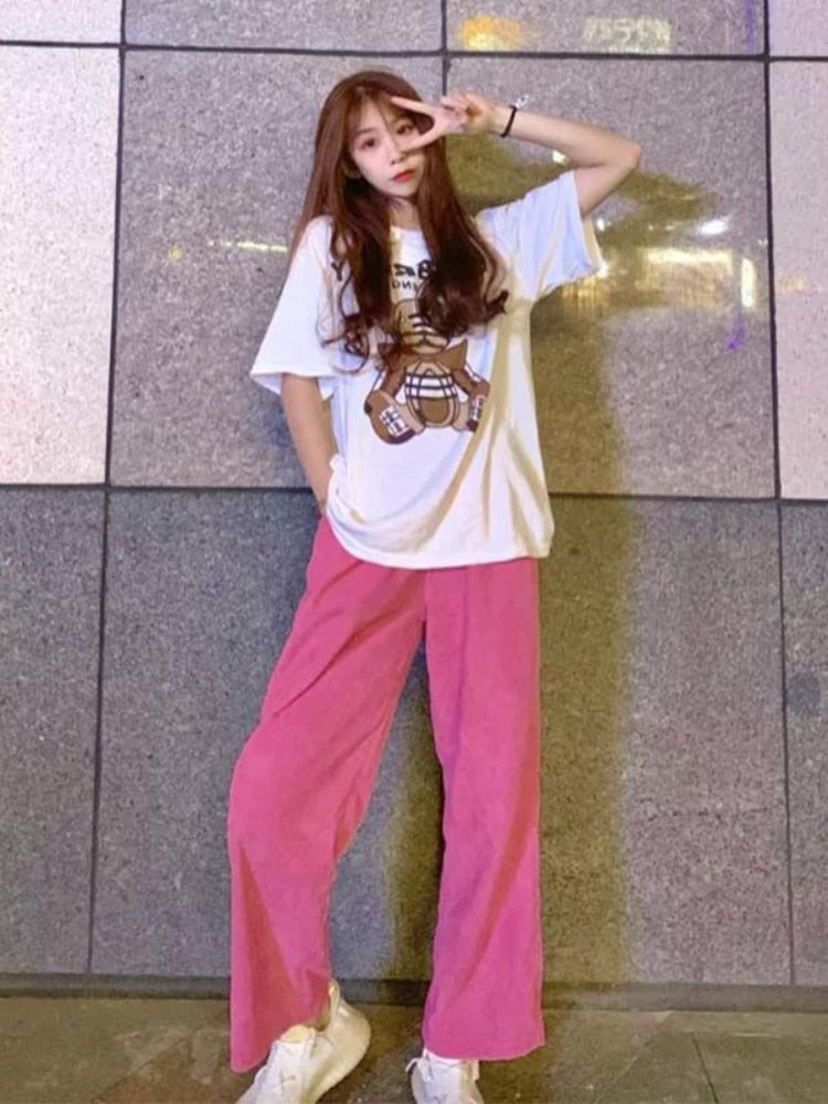 Pink Corduroy Wide Leg Pants