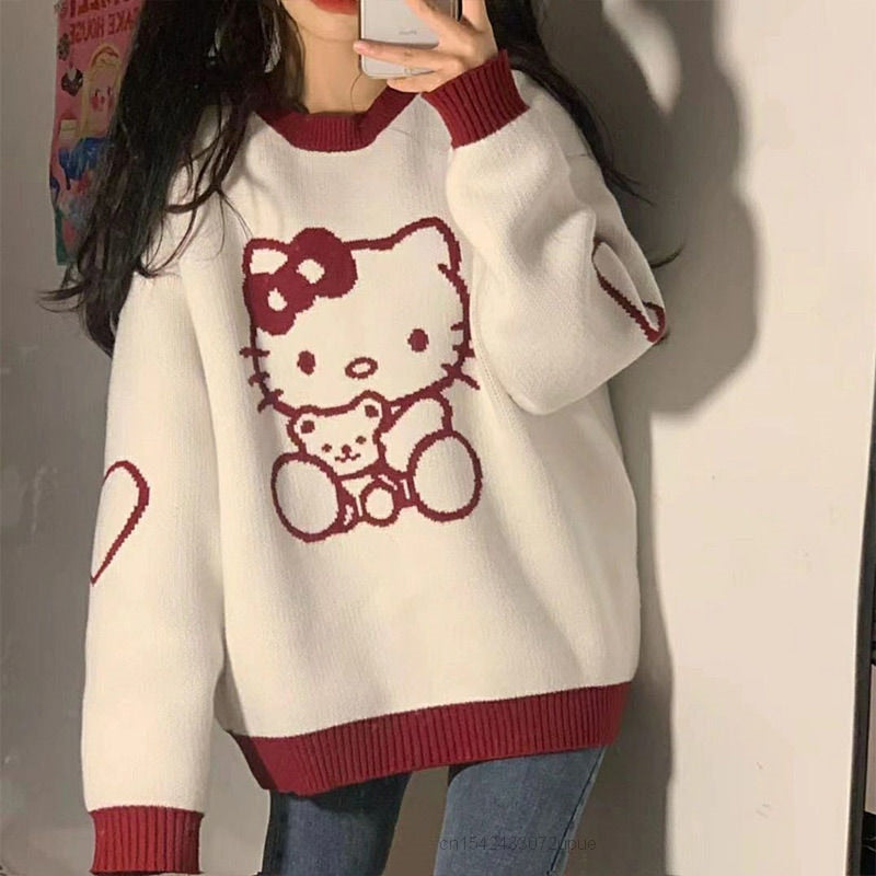 Hello Kitty O-Neck Pullovers Loose  Sweater