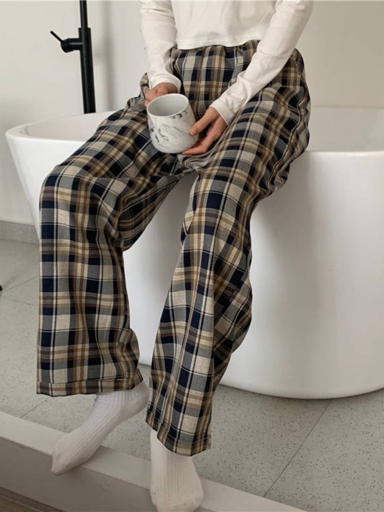 Plaid Pants Women Oversize Wide Leg Trousers