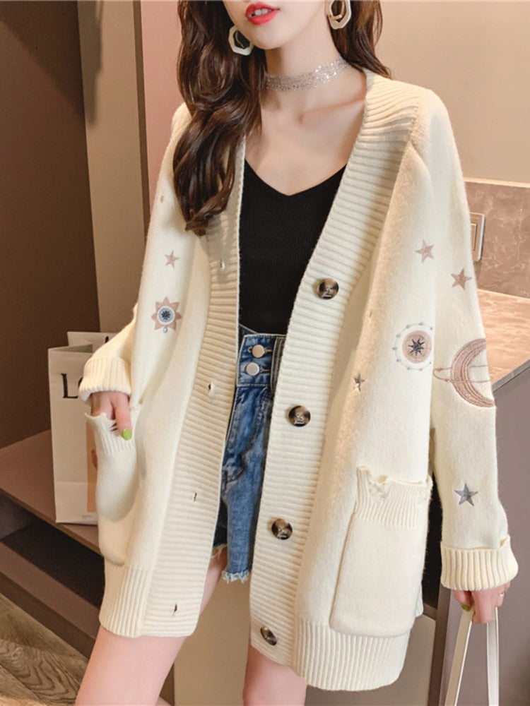 Stars Moon Embroidery Cardigans