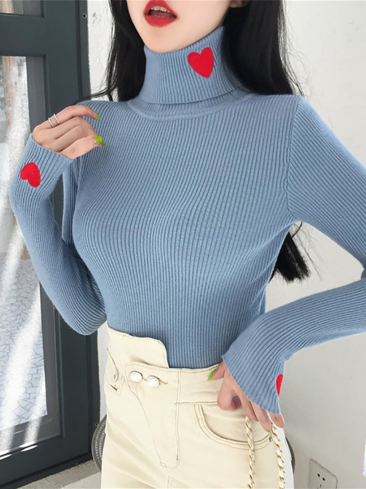 Ribbed Heart Embroidery Turtleneck