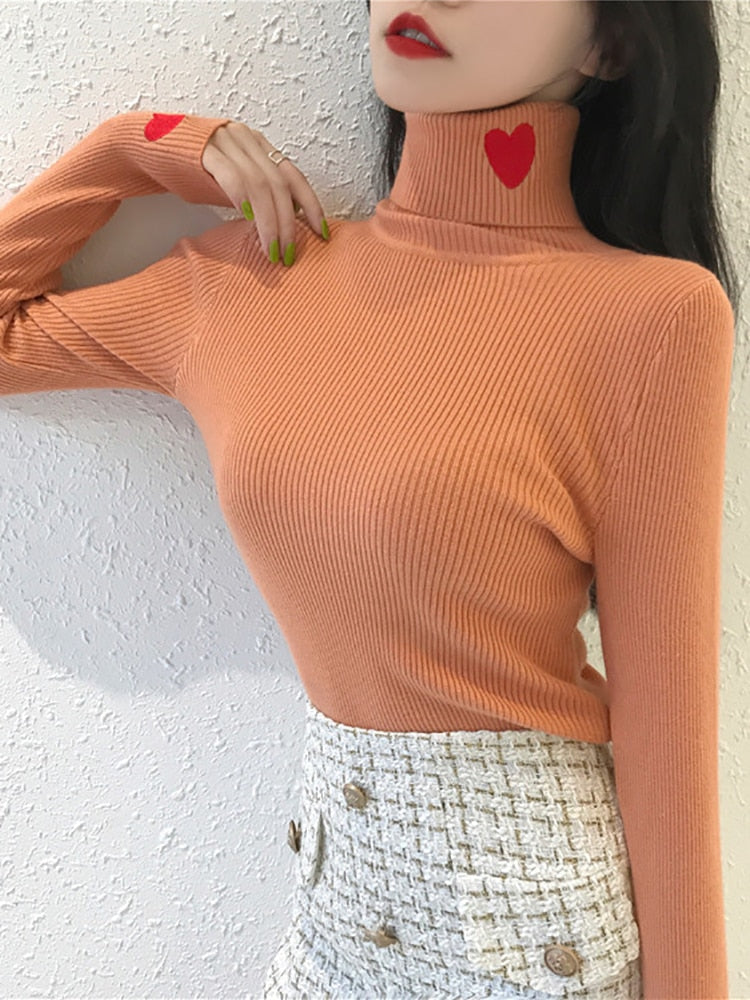 Ribbed Heart Embroidery Turtleneck